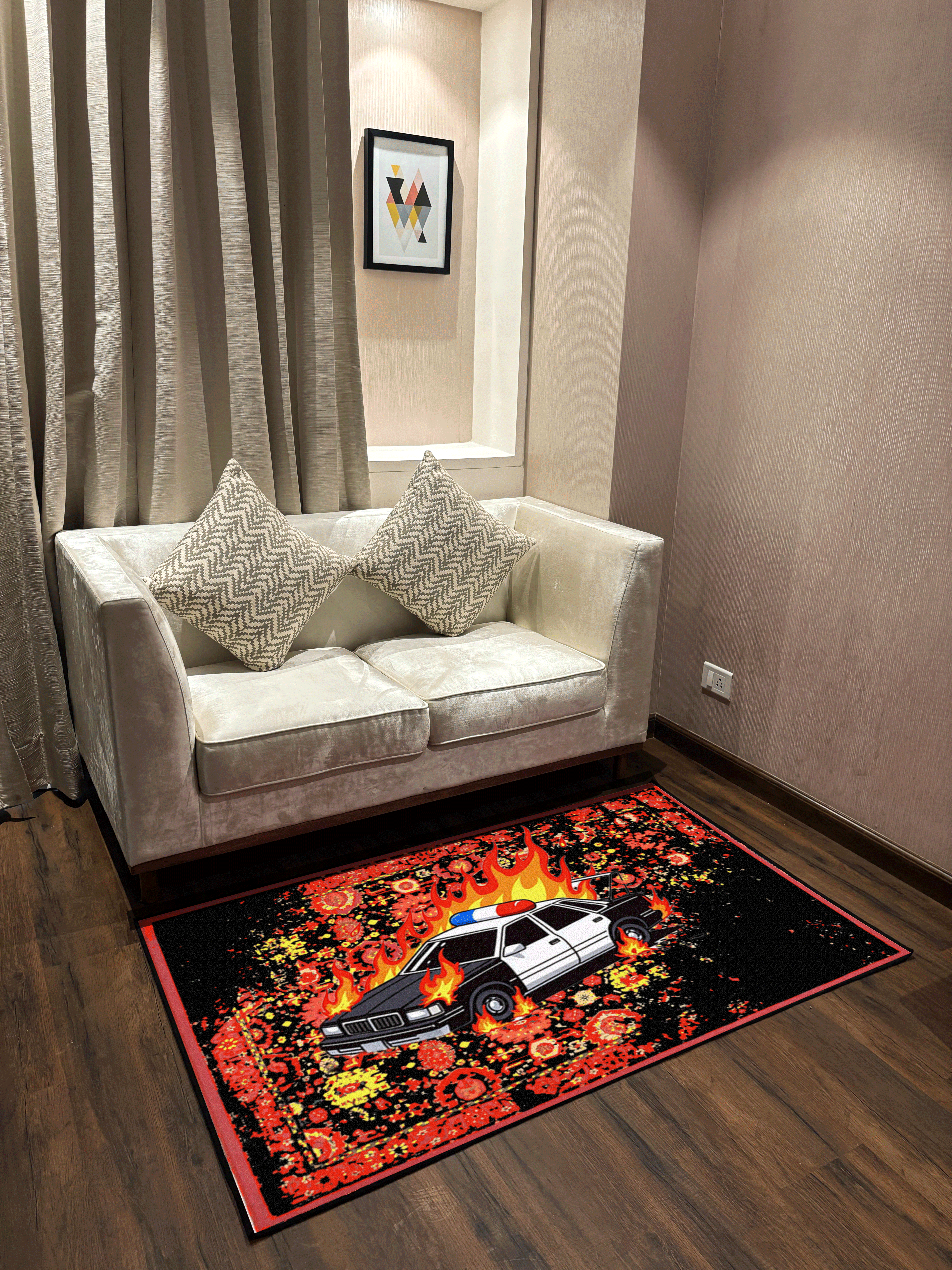 Burning Police Car traditional design Washable Rug