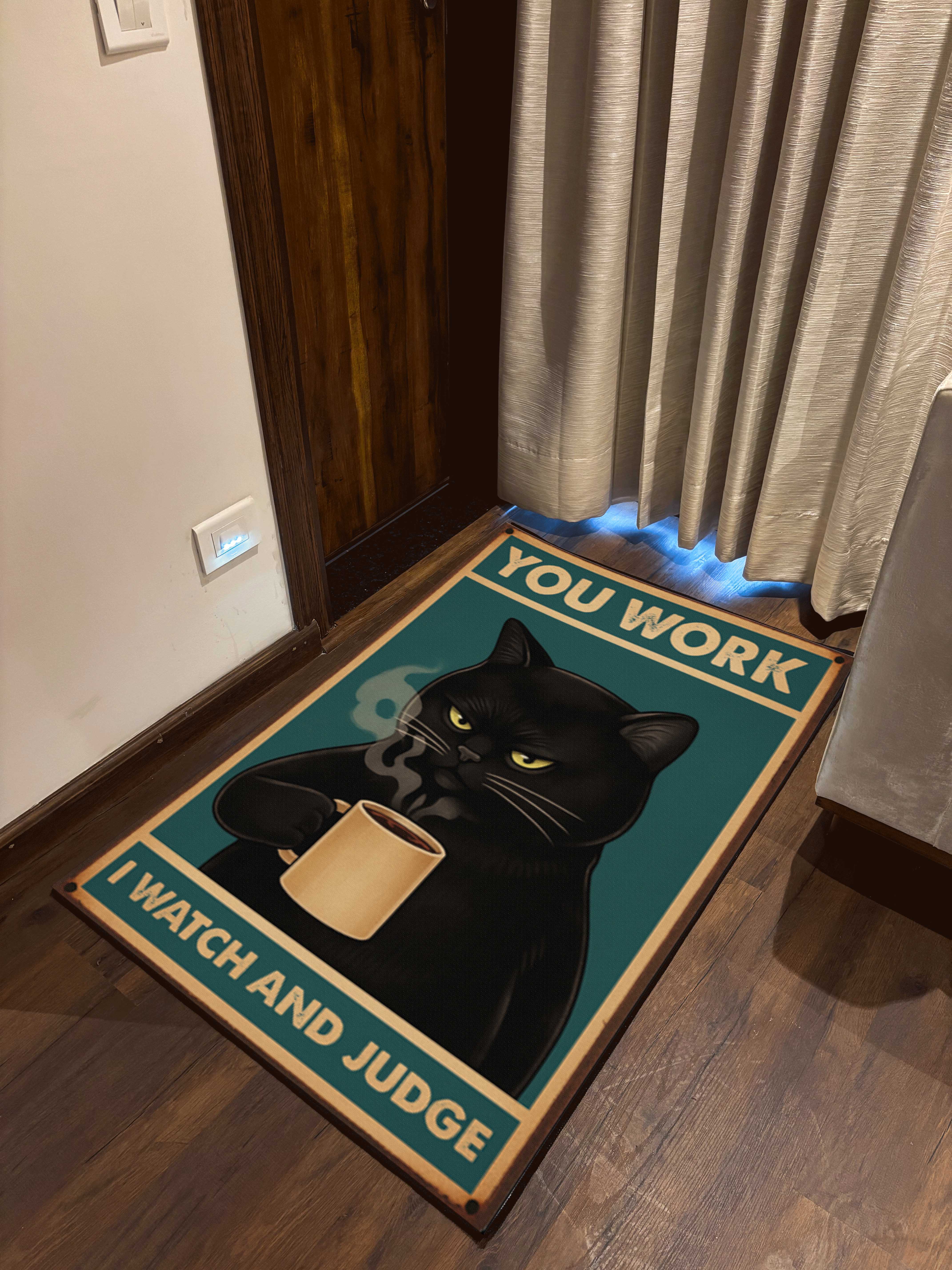 Cat Working Door Washable Rug by the Drip Co.
