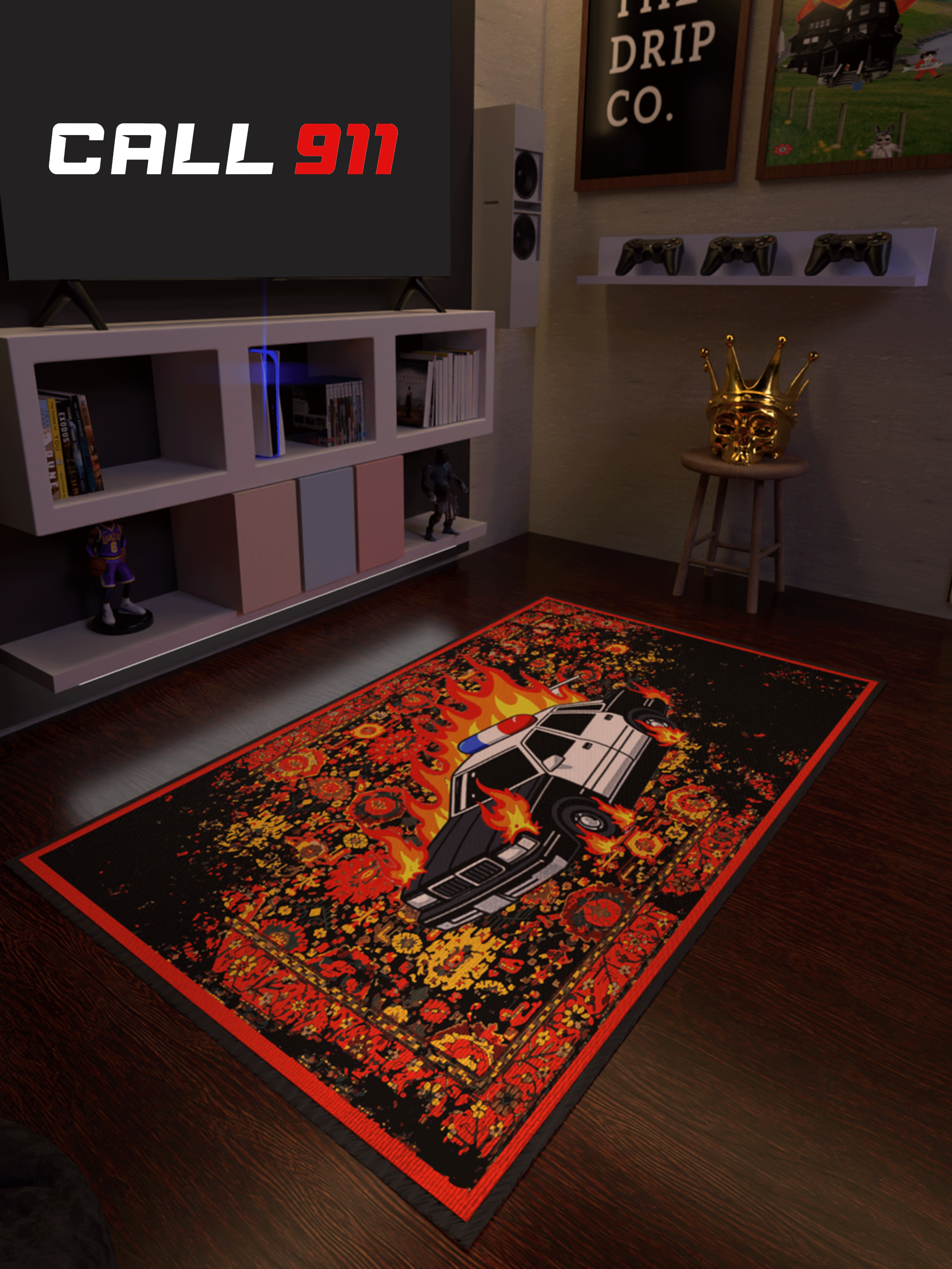 Burning Police Car traditional design Washable Rug