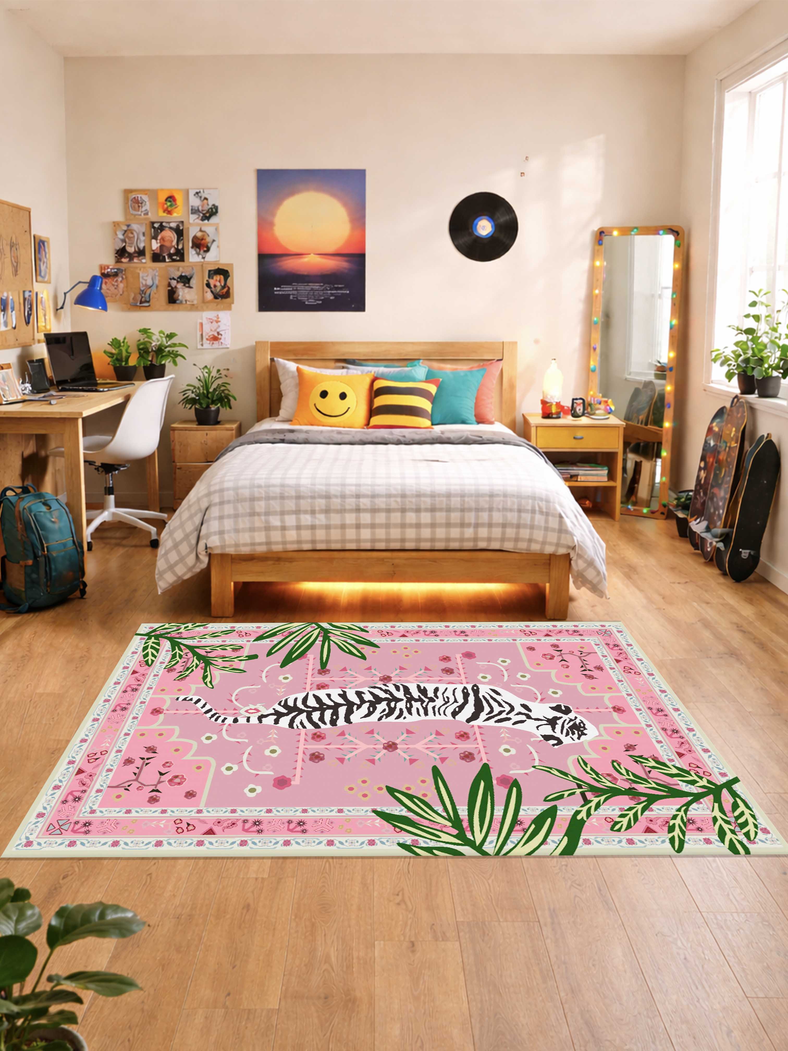 Pink tiger jungle design Washable Rug