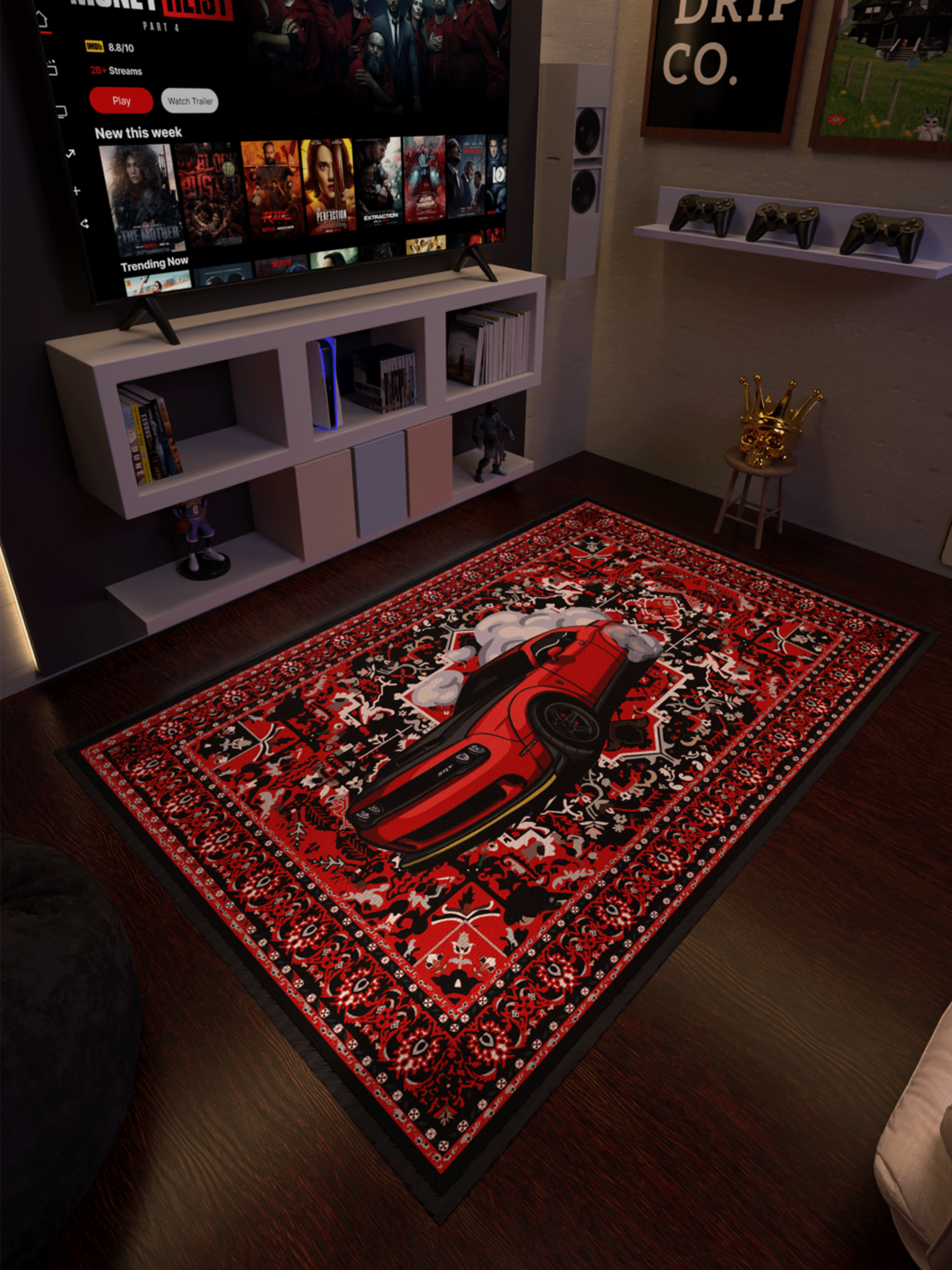 Red challenger traditional design Washable Rug