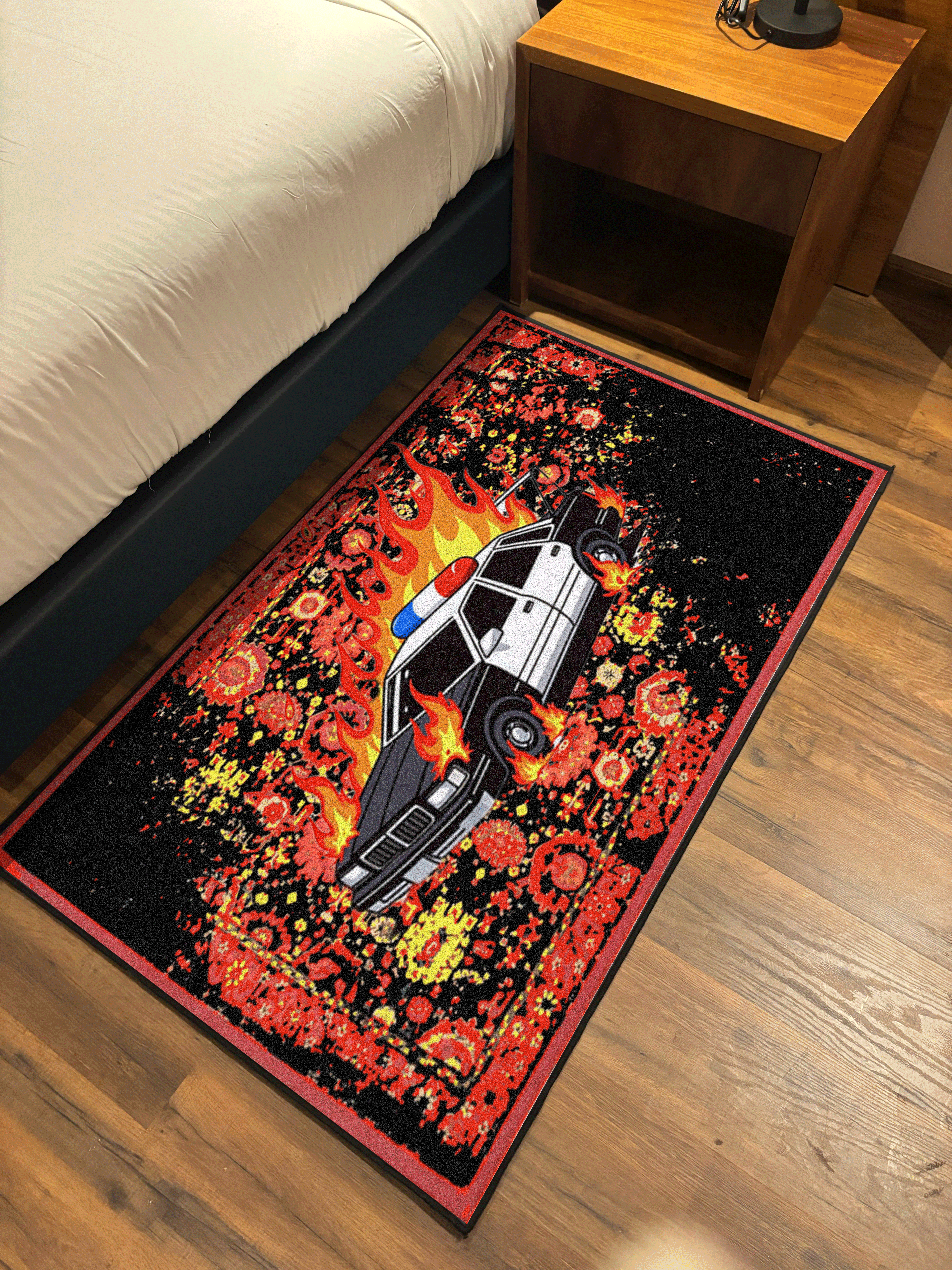 Burning Police Car traditional design Washable Rug