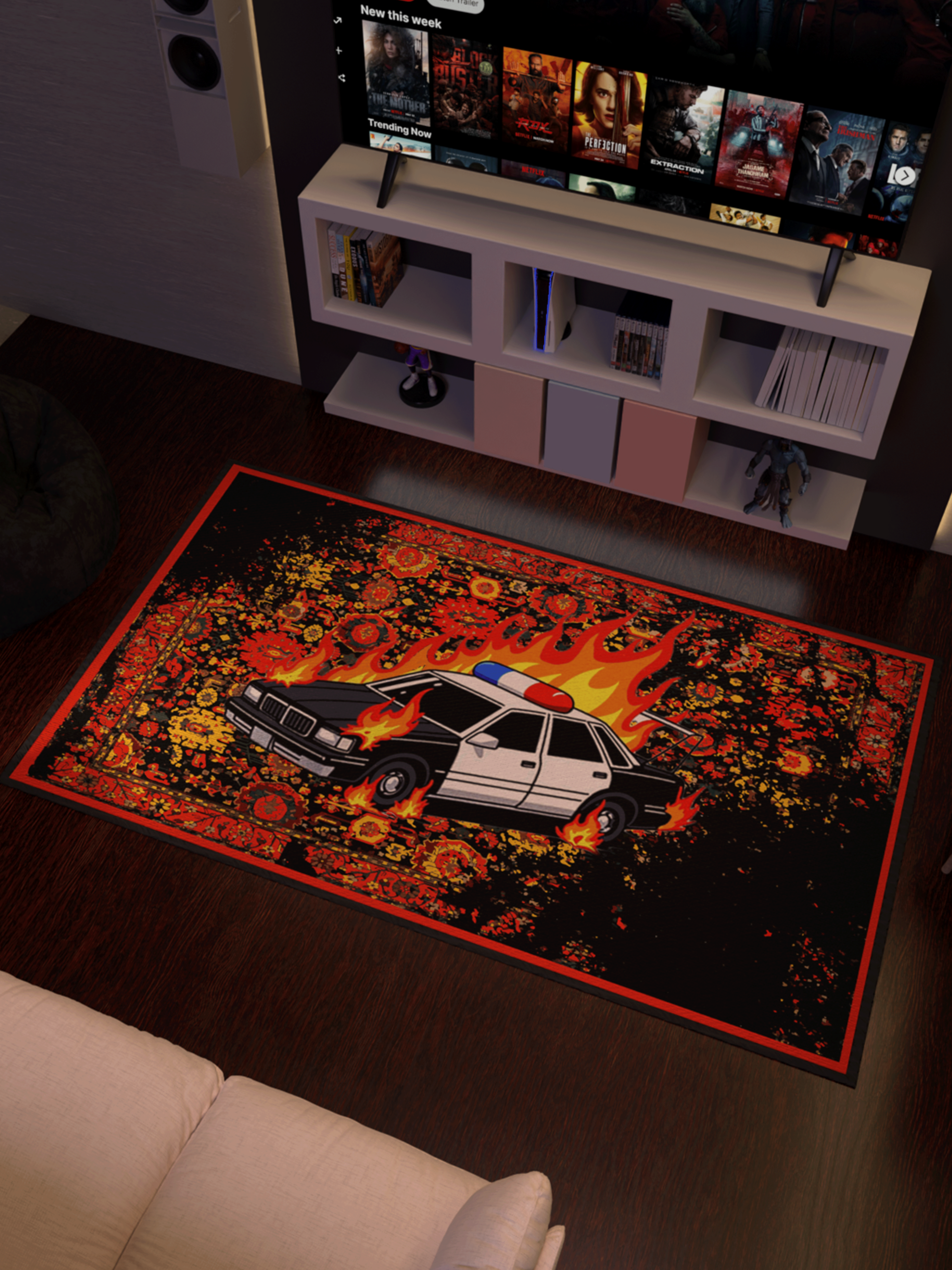 Burning Police Car traditional design Washable Rug