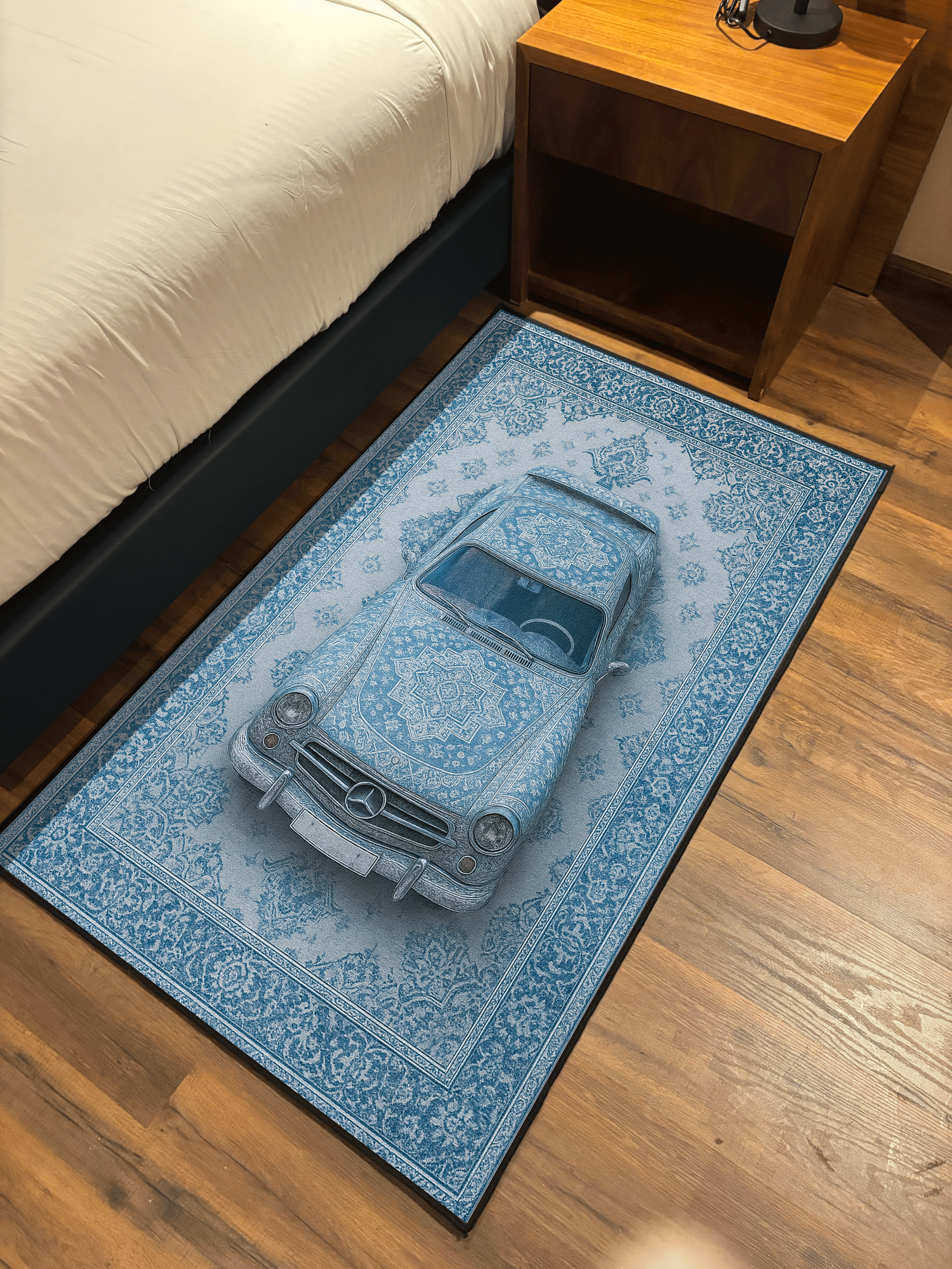 Vintage blue car traditional design Washable Rug