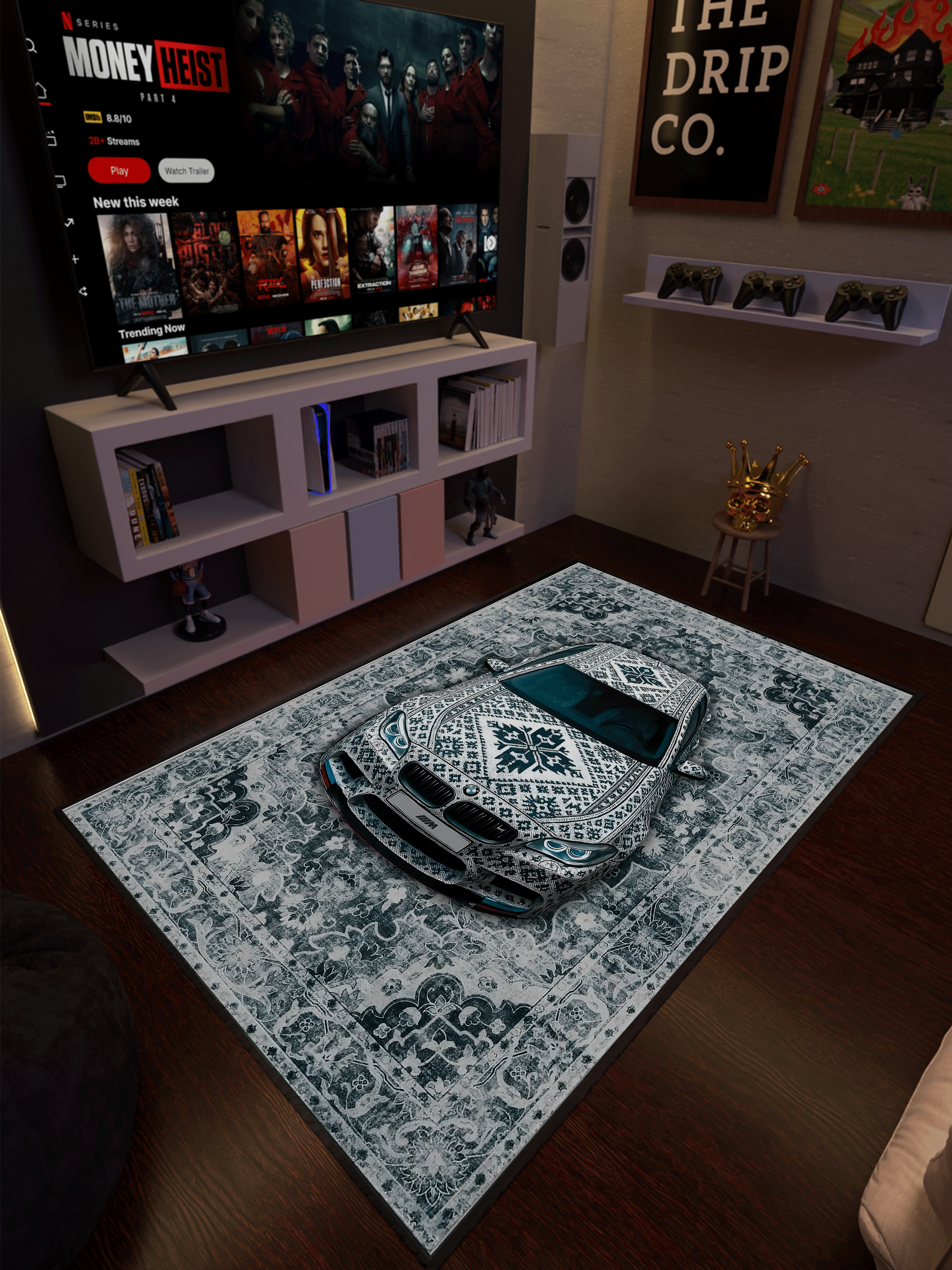 White Sports Car traditional design Washable Rug