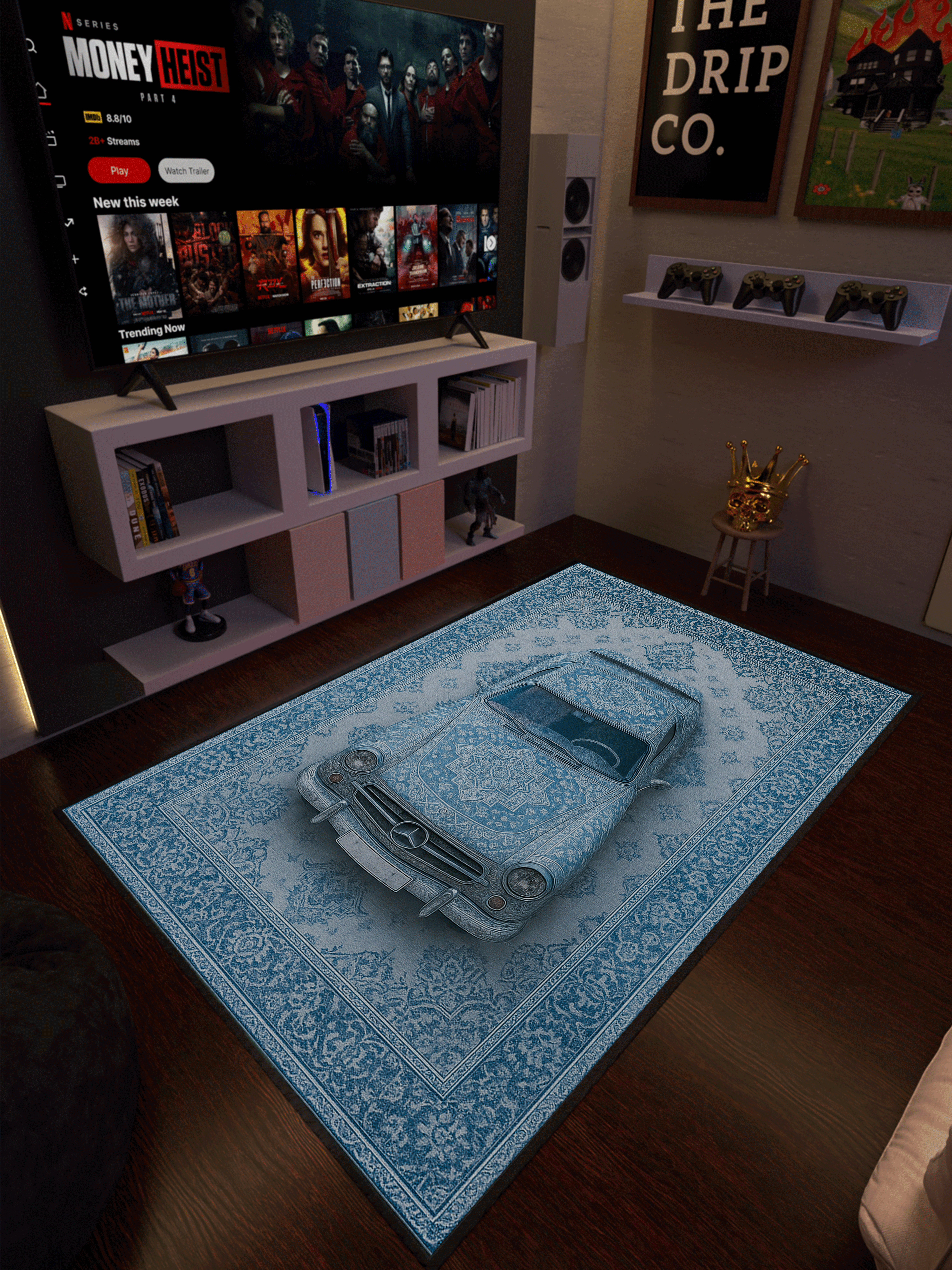 Vintage blue car traditional design Washable Rug