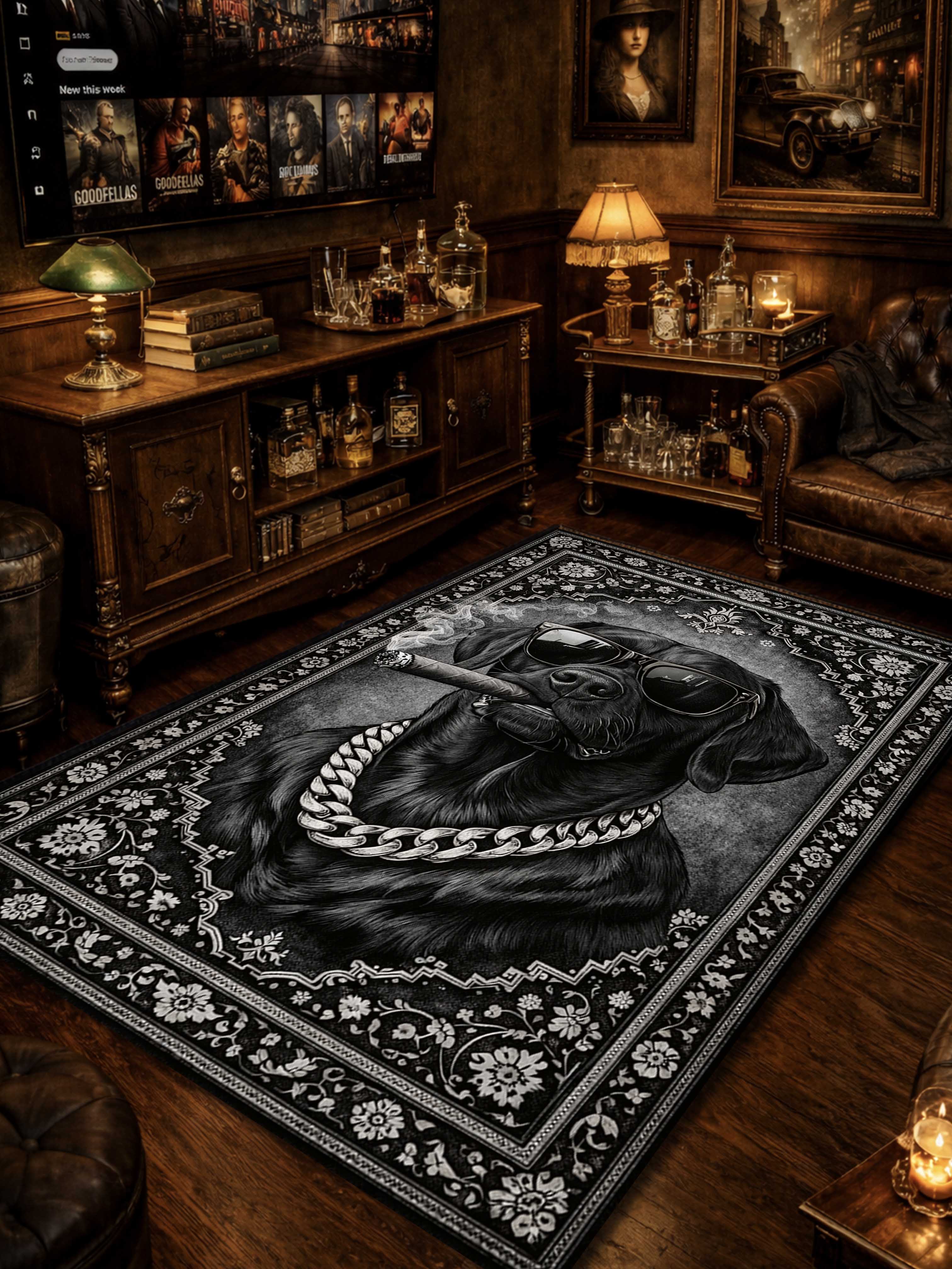 Monochromatic Smoking Dog Traditional Washable Rug