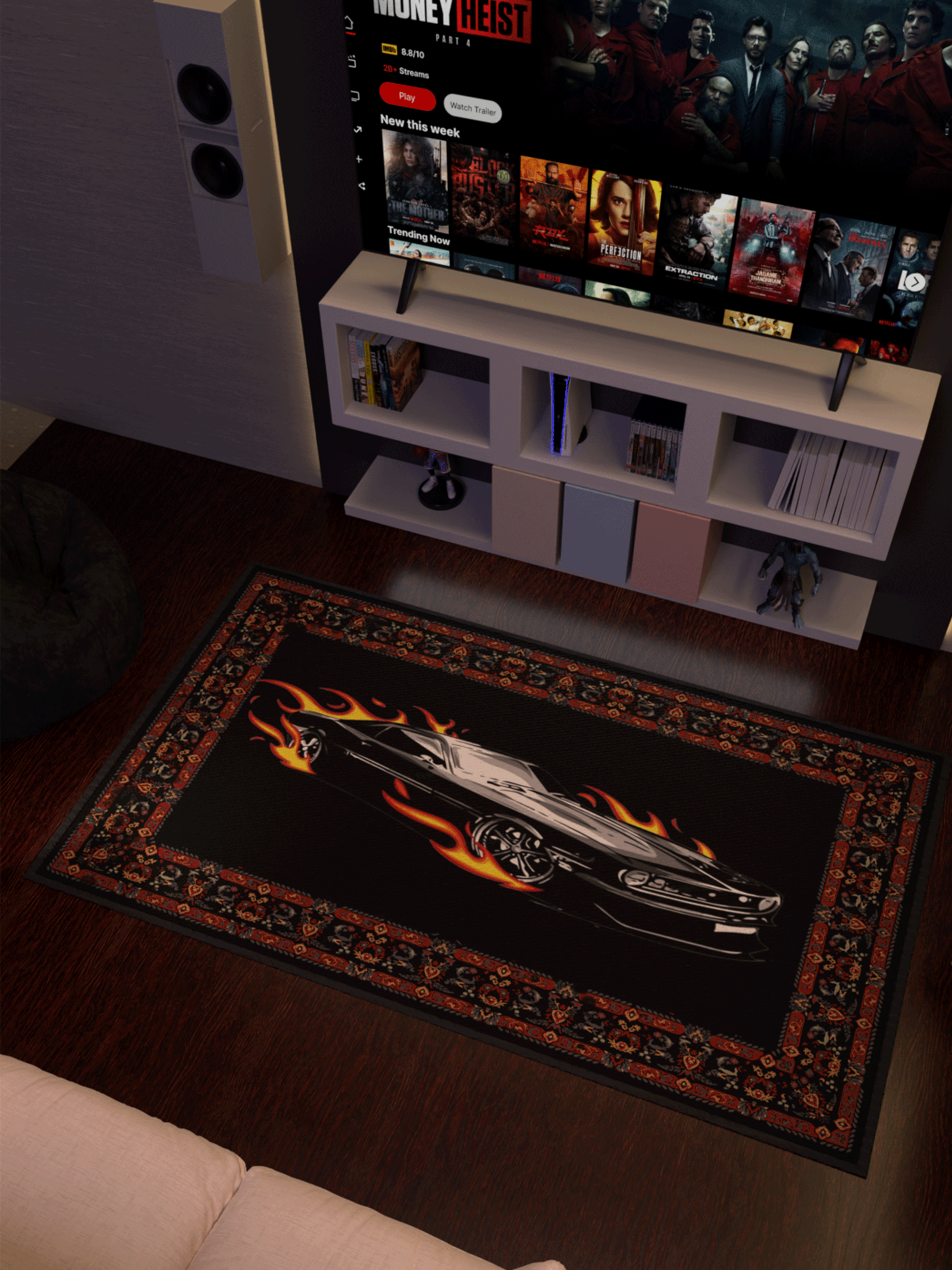 Black Fire car traditional design Washable Rug
