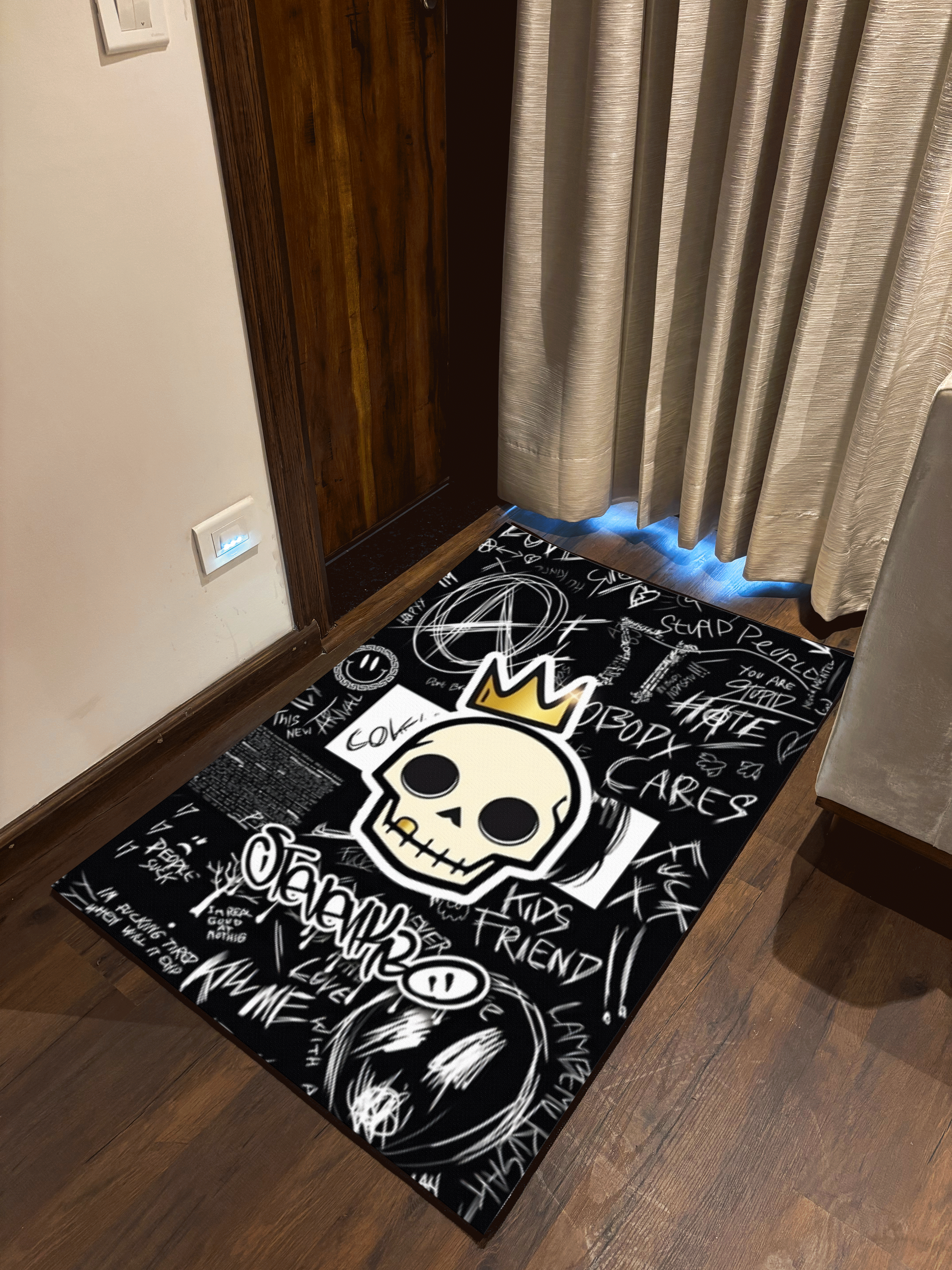 Black Skull Washable Rug