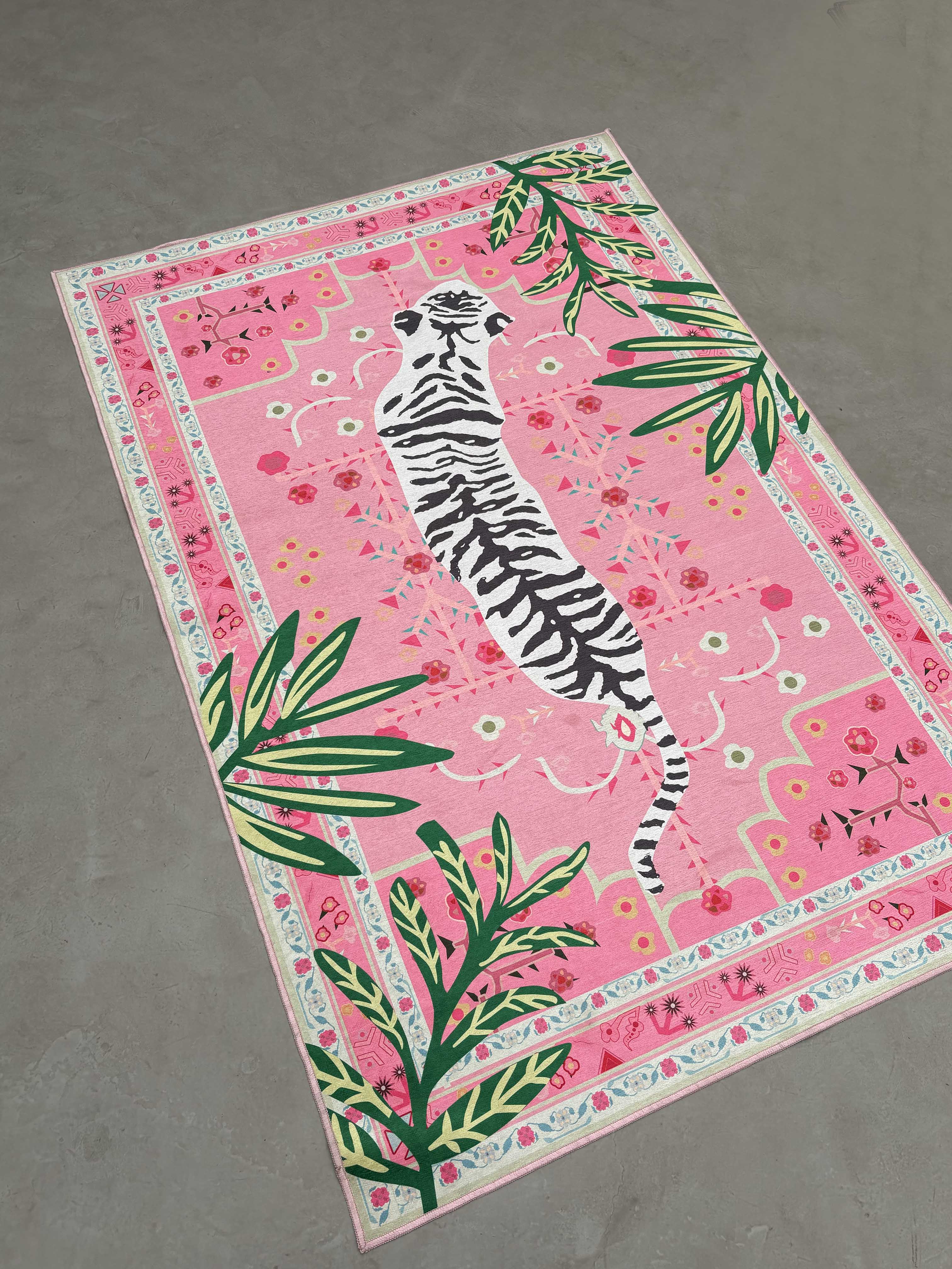 Pink tiger jungle design Washable Rug