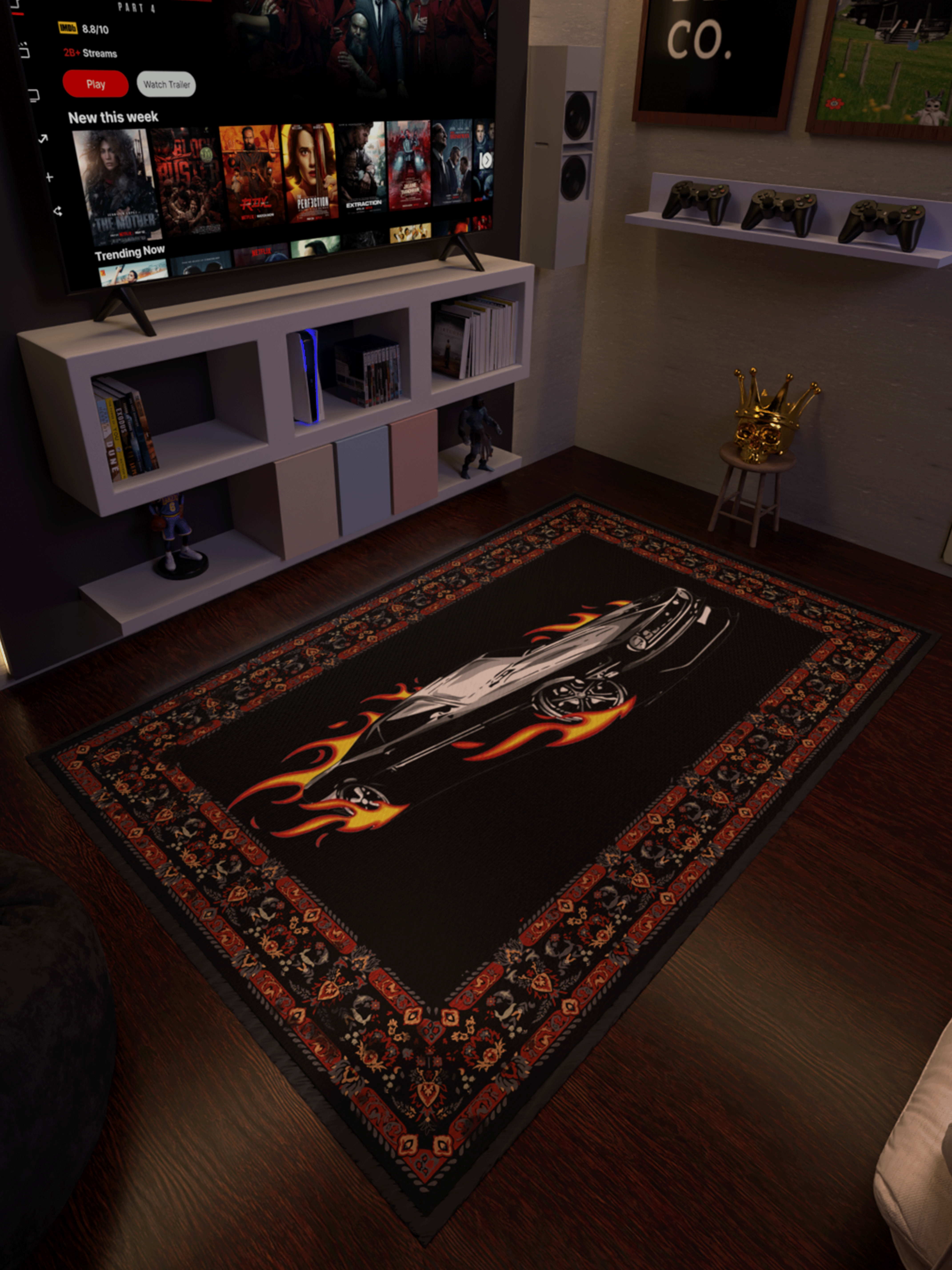 Black Fire car traditional design Washable Rug