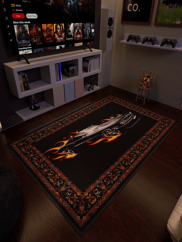 Black Fire car traditional design Washable Rug