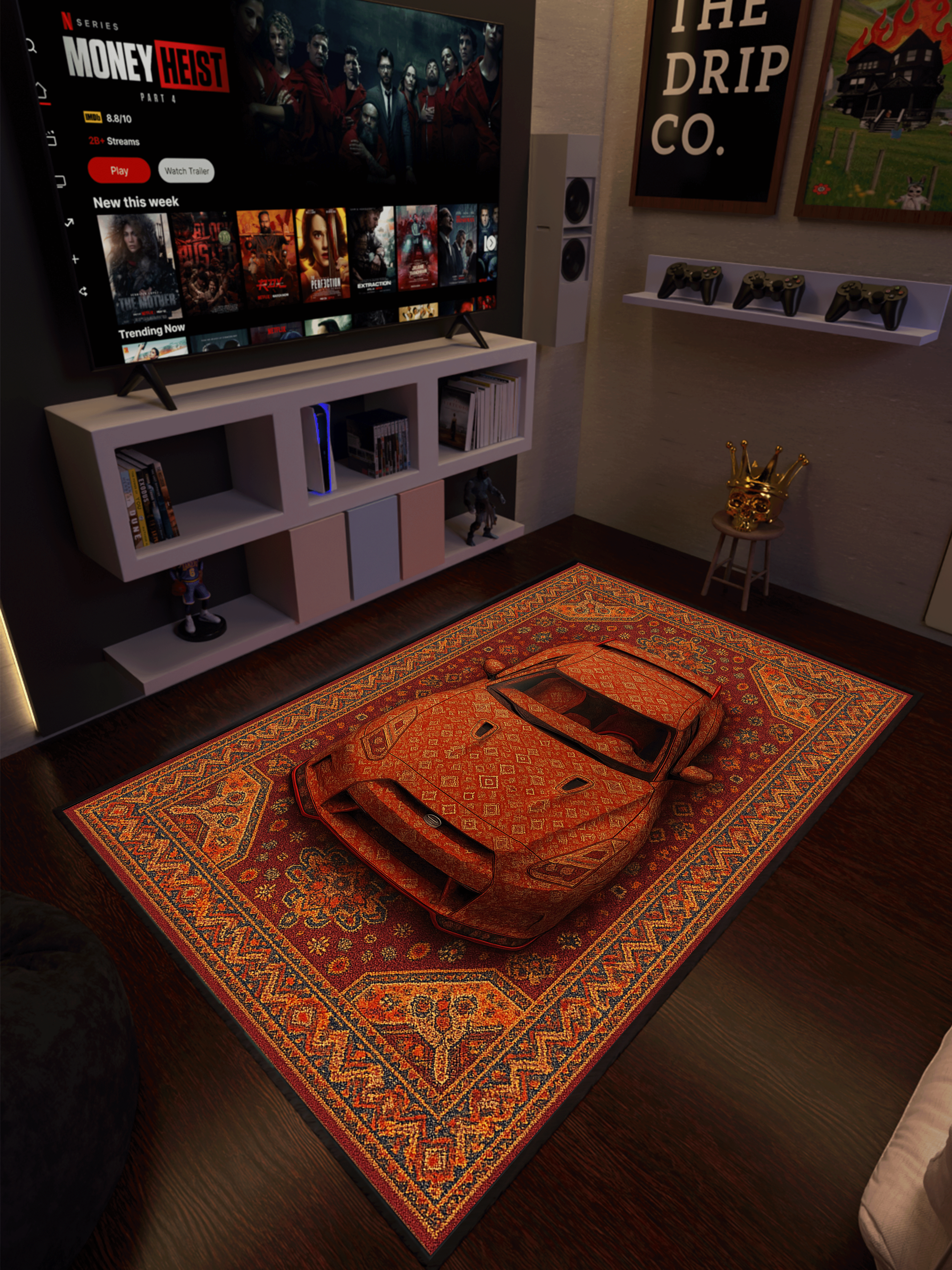 Red Racing car traditional design Washable Rug