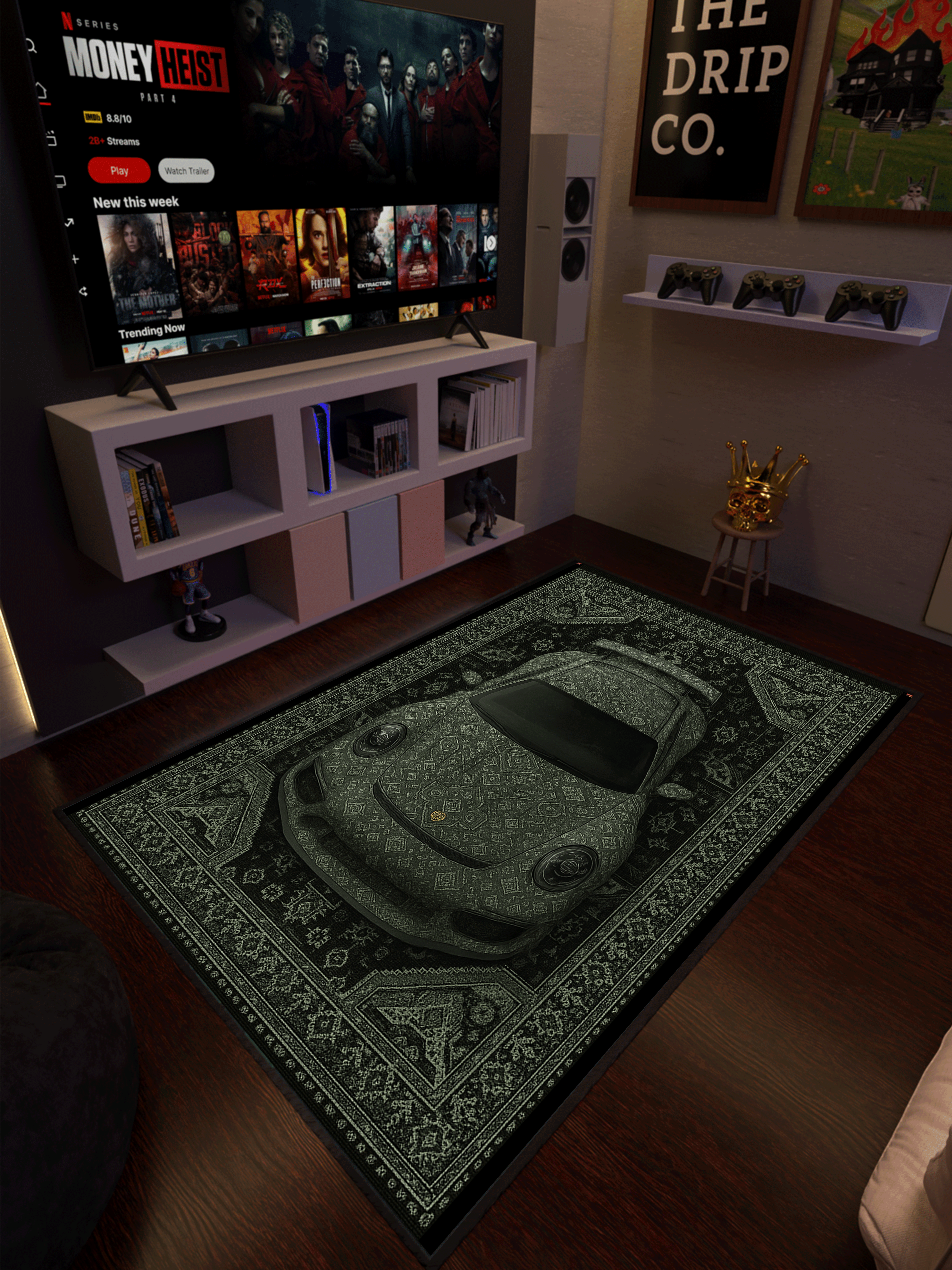 Green Sports car traditional design Washable Rug