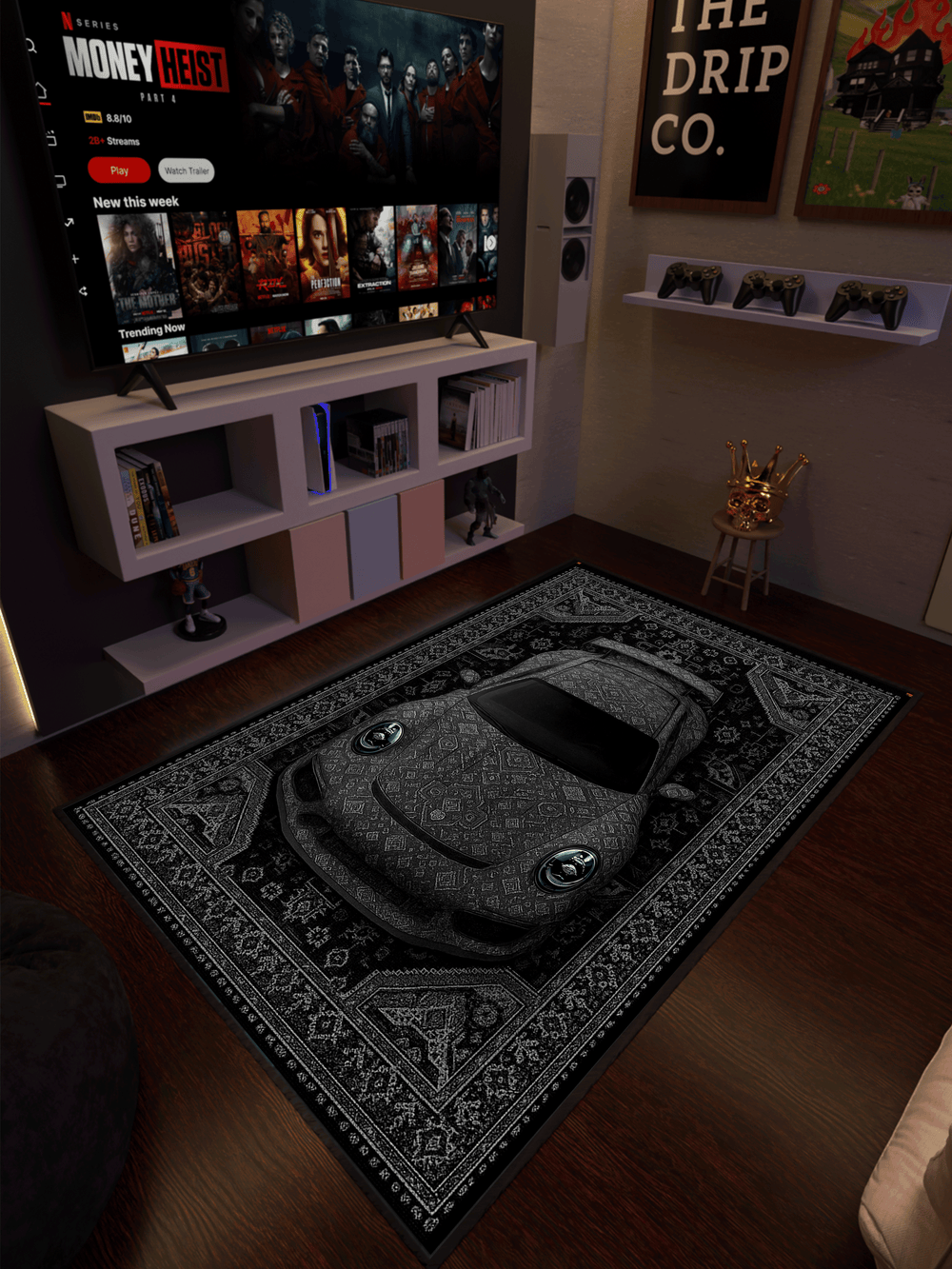 Car Rug Dvd Black Sports car traditional design Washable Rug