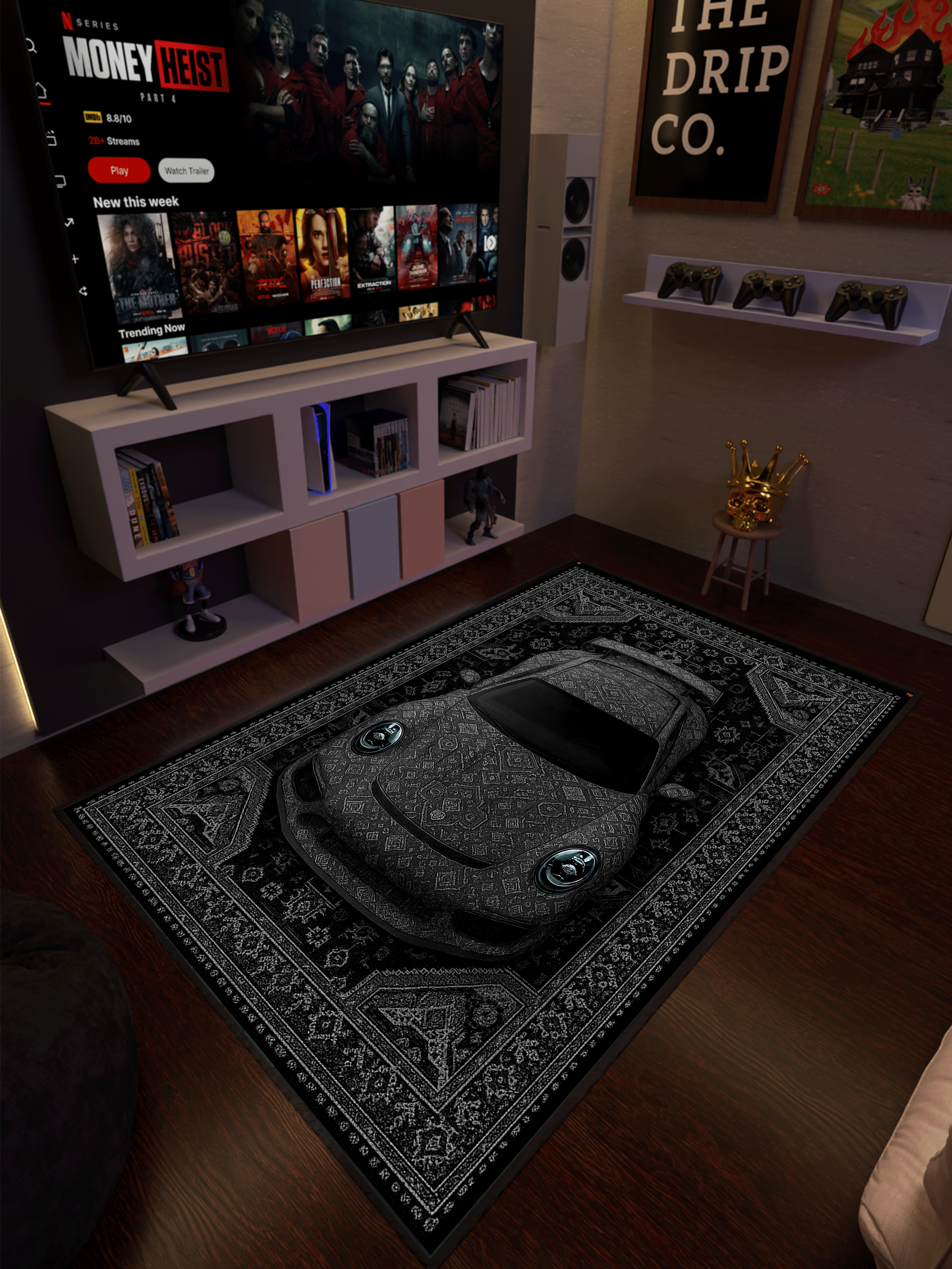 Black Sports car traditional design Washable Rug