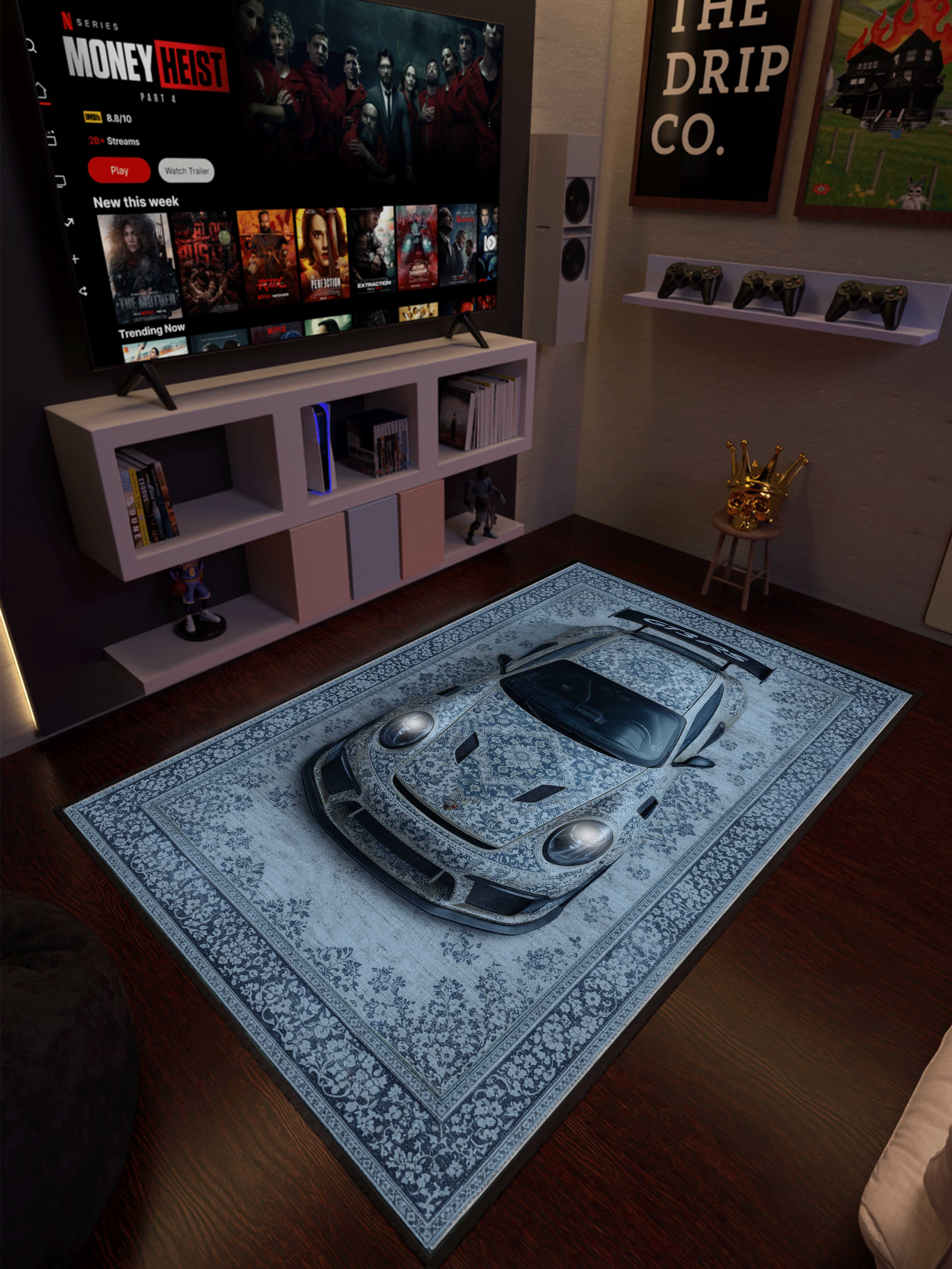 Blue Sports car traditional design Washable Rug