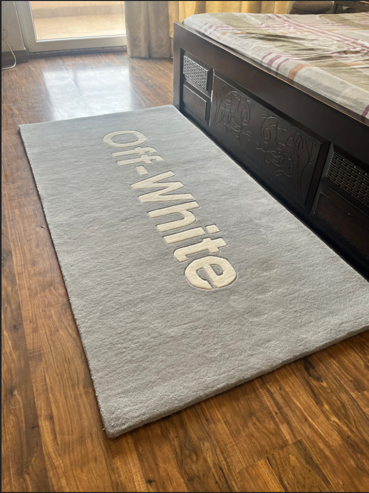 Off White text Grey Rug