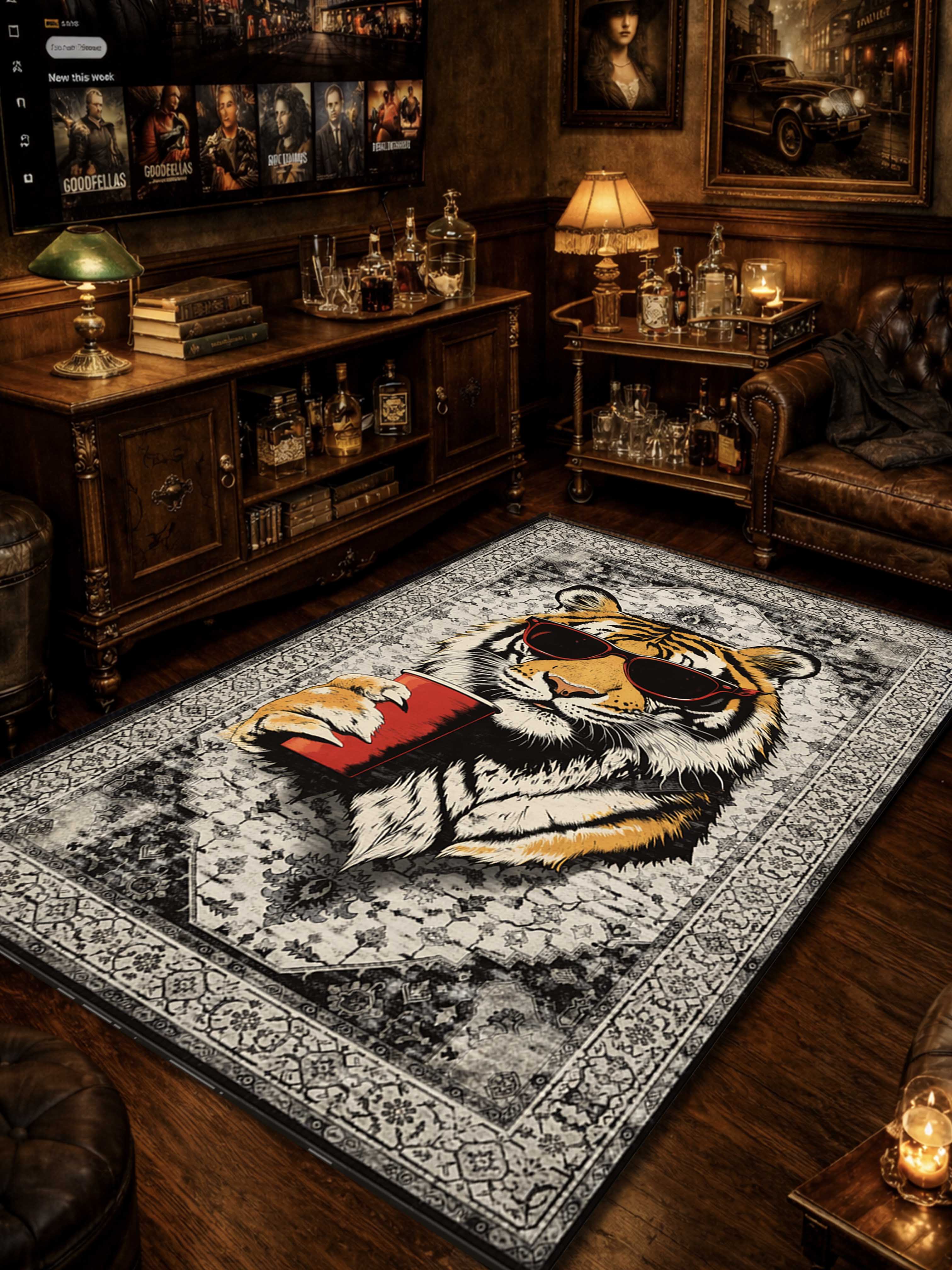Grey Cool Tiger Traditional Washable Rug