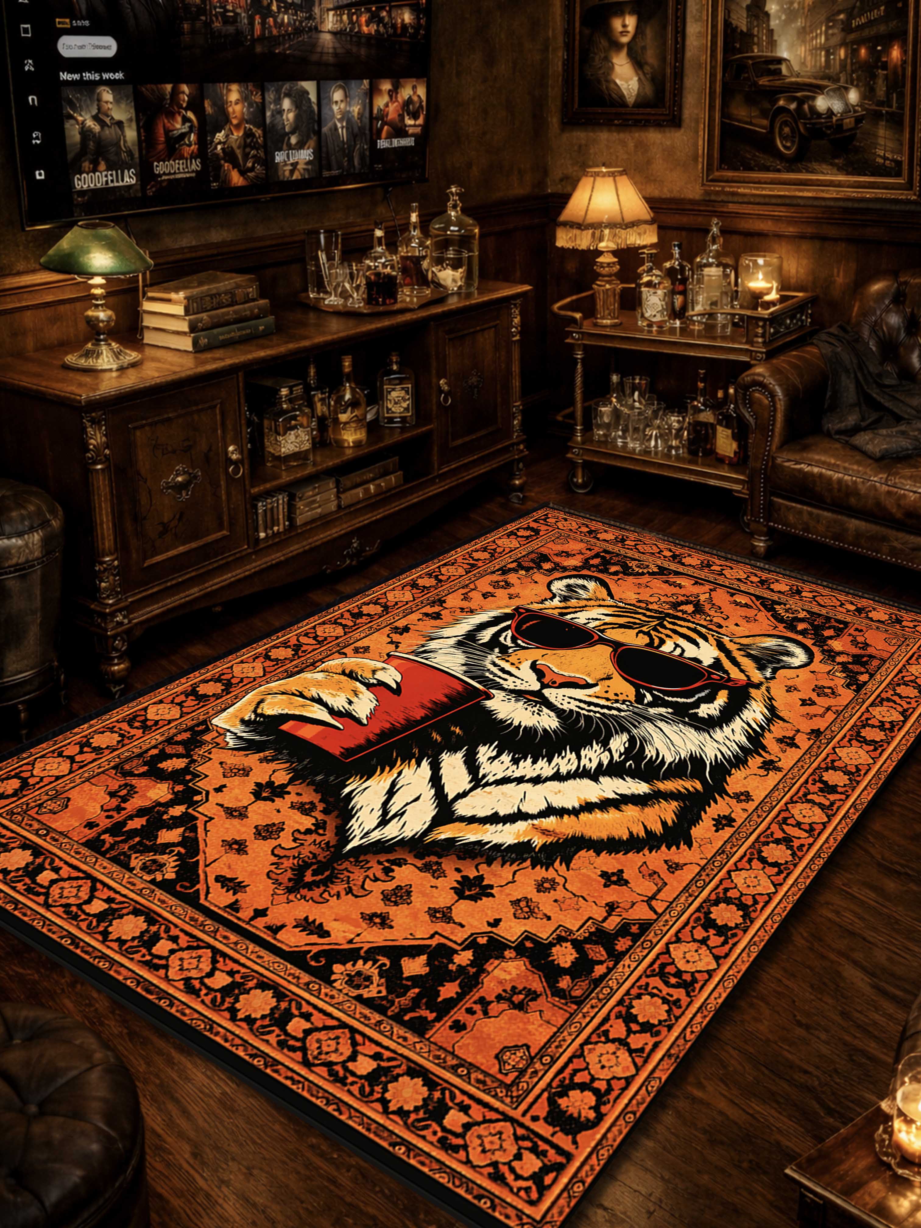 Orange Cool Tiger Traditional Washable Rug