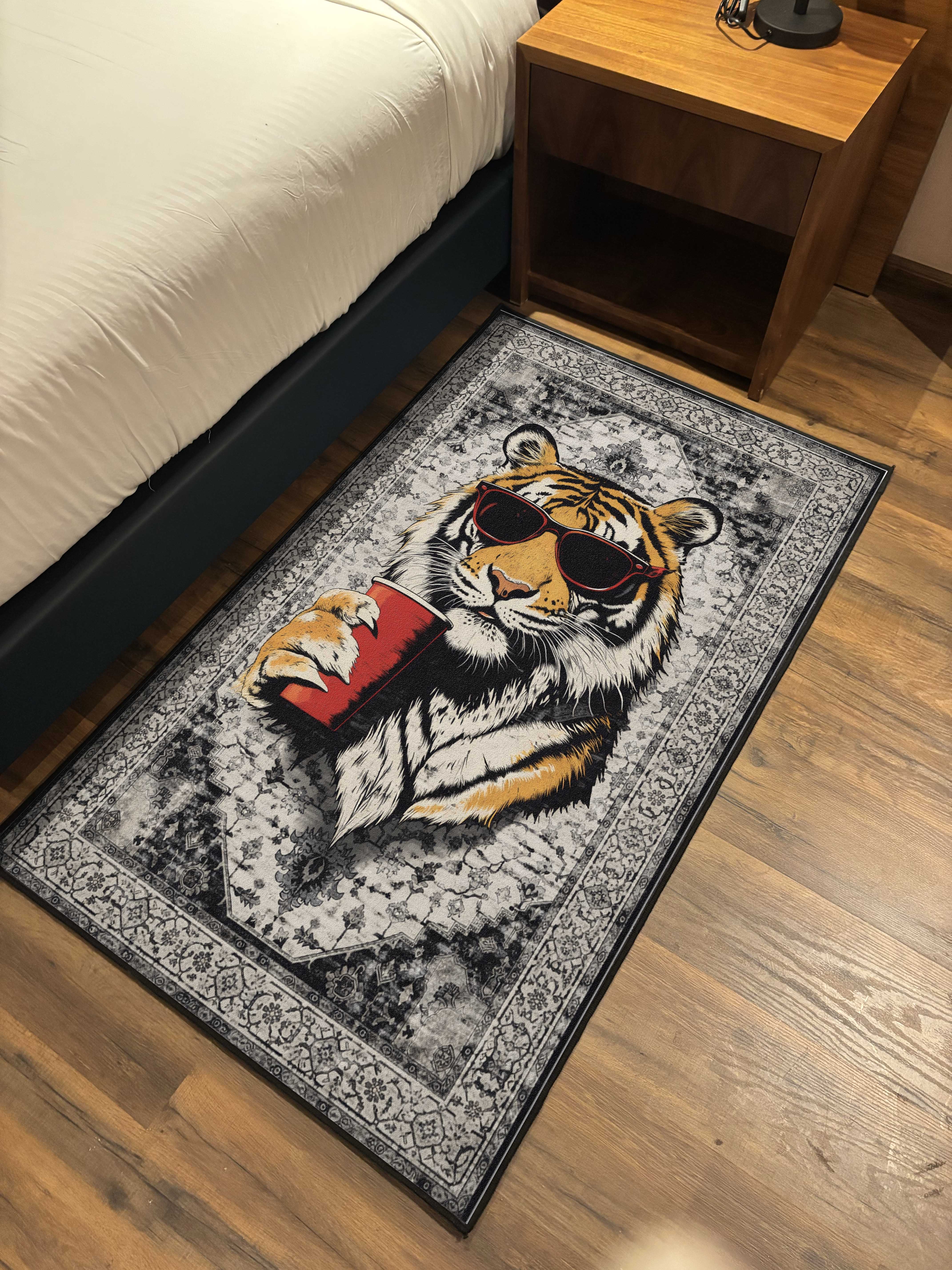 Grey Cool Tiger Traditional Washable Rug